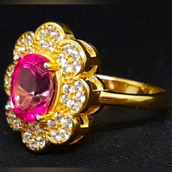 Pink Topaz White Sapphire 14k Gold Over Sterling Silver Ring 2.90 Carat Size 7 - Picture 3 of 10